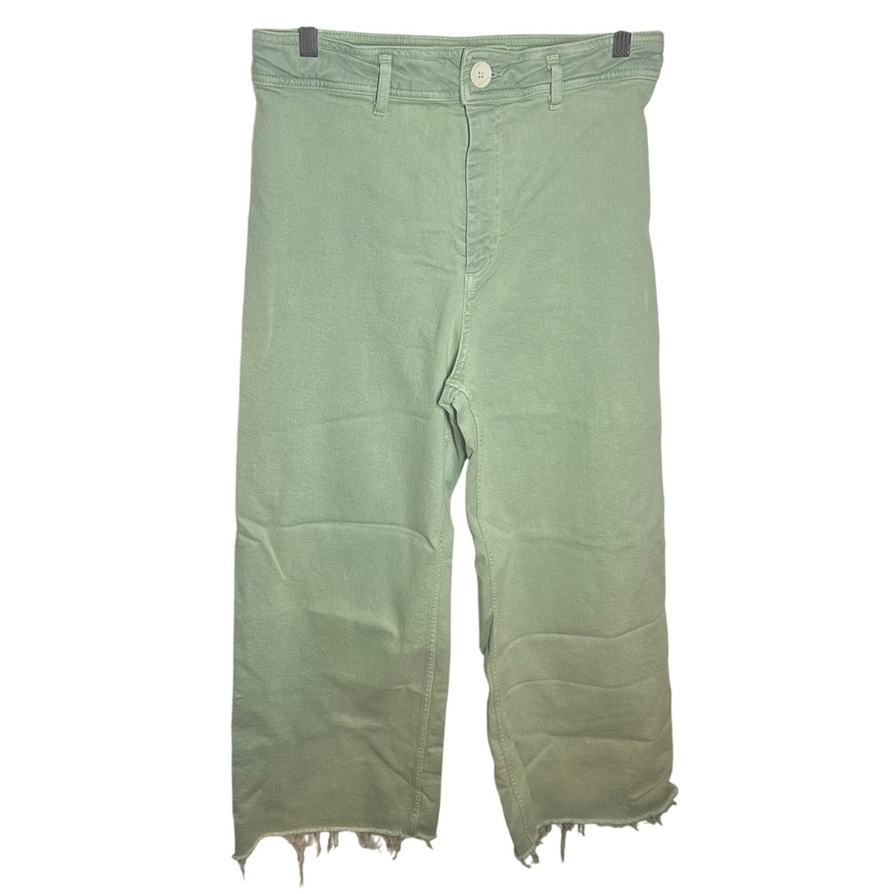 Zara Wide Leg Pants Green High Waist Raw Hem Casual Trousers Size 10 Denim Jeans
